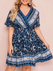 Bohemia Floral Print V-neck Casual Holiday Midi Dress