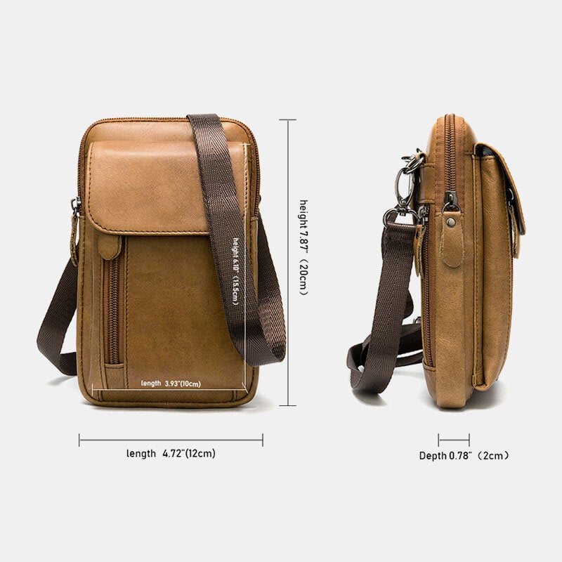 Men Multi-pocket Genuine Leather Belt Bag With Hook Wear-resistant 6.5 Inch Phone Shoulder Crossbody Bags Waist