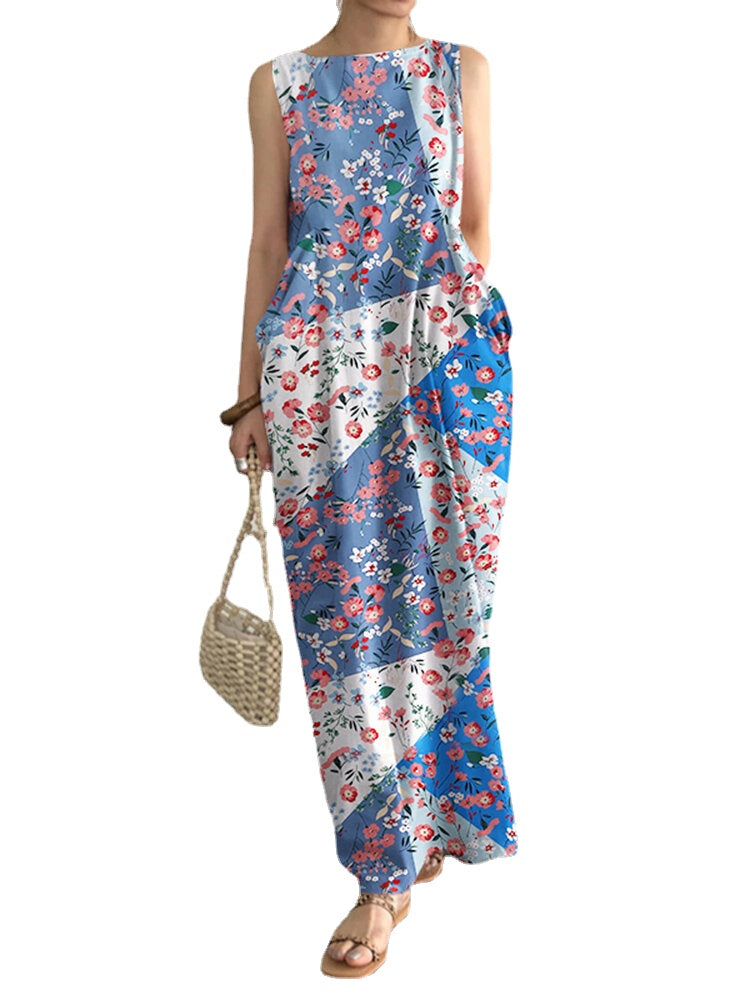 Floral Print Pocket Sleeveless Round Neck Maxi Dress