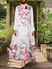 Casual Travel All Seaon Full Sleeve Floral V-Neck Dresses