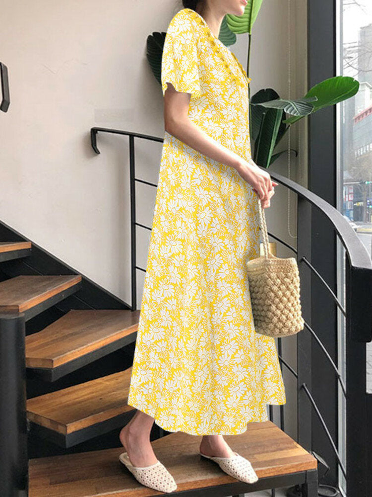 Leisure Short Sleeve Lapel Floral Loose Maxi Dress For Women