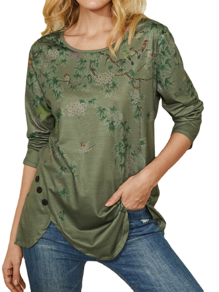 Plants Print O-neck Long Sleeve Irregular Hem T-Shirt For Women