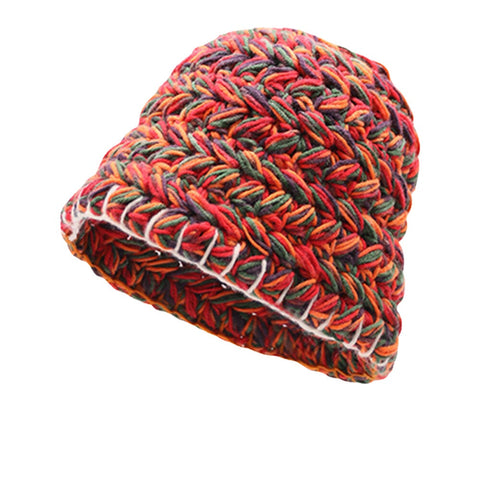 Women Woolen Rainbow Color Cuffed Ear Protection Warm Casual Beanie Bucket Hat