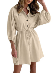 Solid Drawstring Button Lapel 3/4 Sleeve Shirt Dress