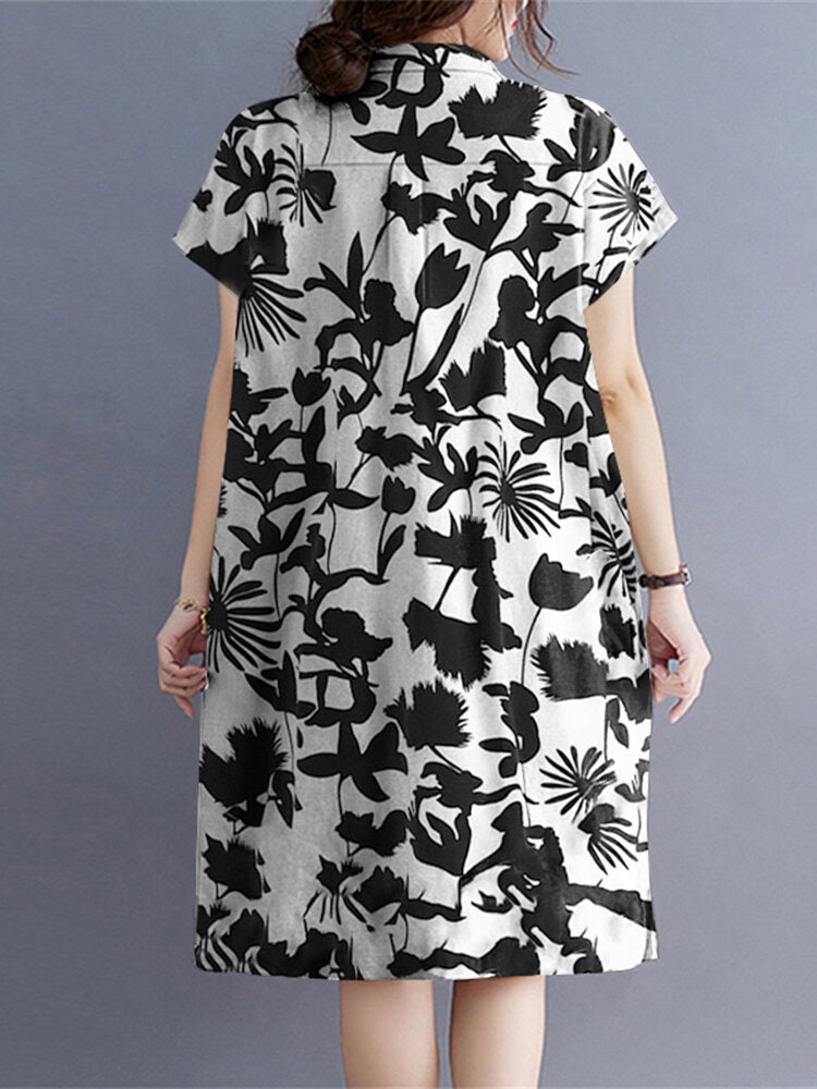 Plant Print Lapel Button Pocket Casual Midi Print Dress