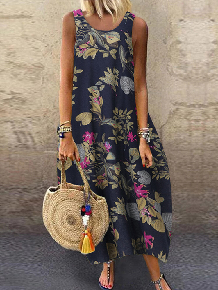 Sleeveless O-neck Loose Causal Floral Print Maxi Dress