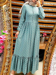 Women Retro Polka Dot Print Pleated Ruffled Hem Side Zipper Button Vintage Maxi Dress