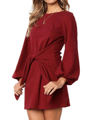 Women Long Sleeve Round Neck Elegant Tie Waist Sweater Mini Dress