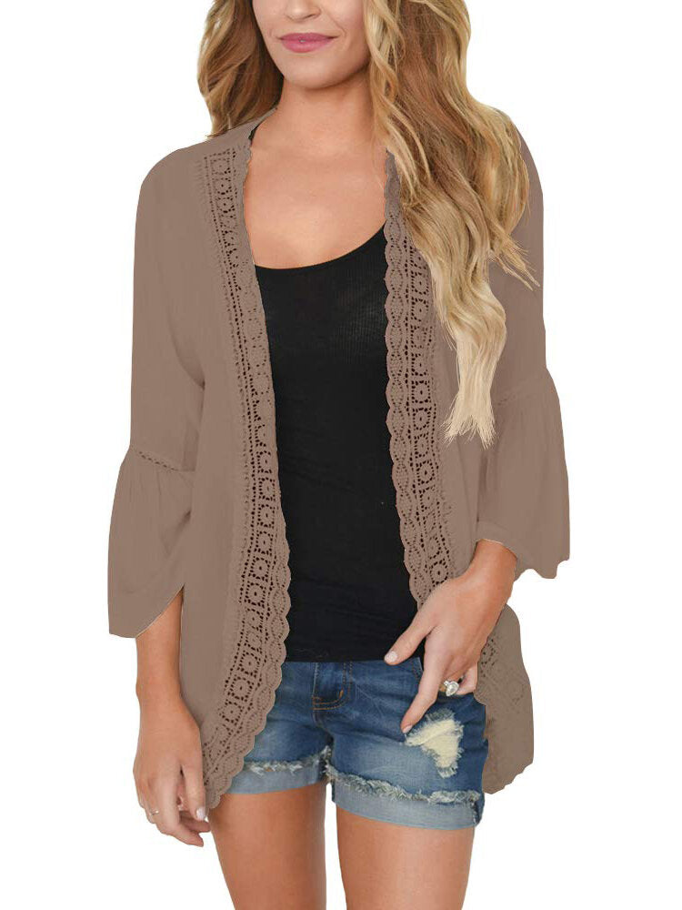 Women Solid Color Lace Trim Light Cardigans