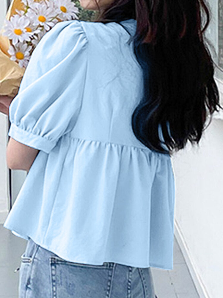 Solid Bowknot Puff Sleeve Casual V Neck Blouse