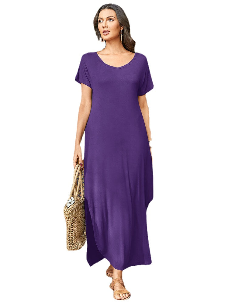 Round Neck Solid Pocket Loose Fit Short Sleeve Split Maxi Dress