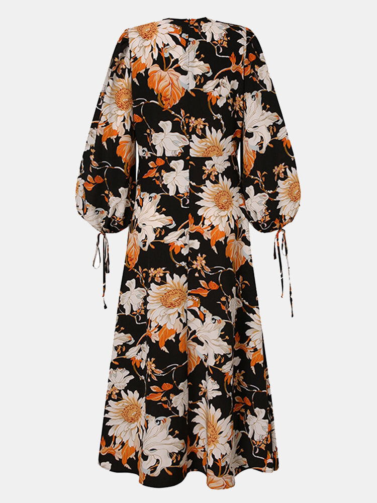 Women Flowers Print V-Neck Lantern Sleeve A-Line Casual Holiday Maxi Dress