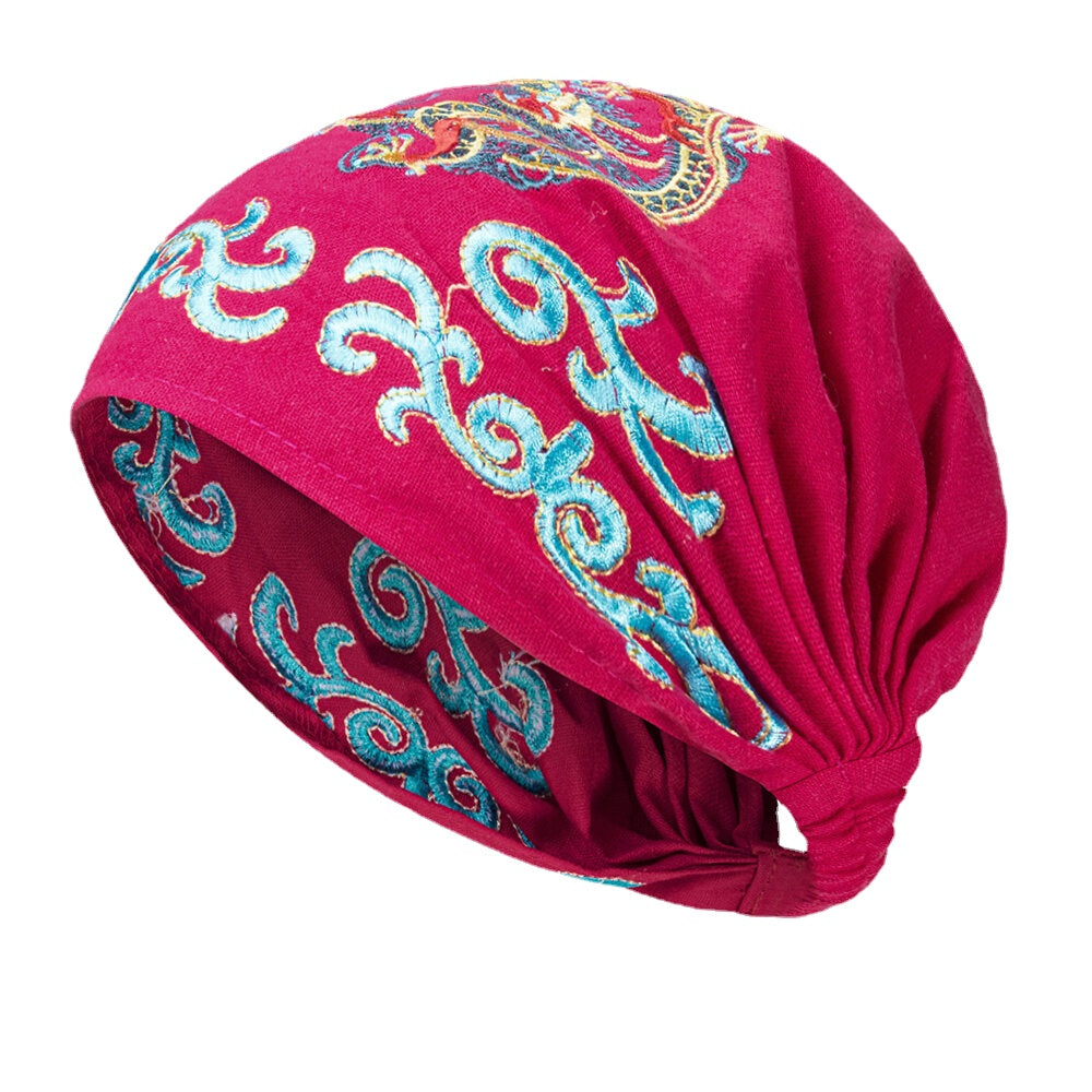 Women Ethnic Embroidery Beanie Caps Vintage Good Elastic Breathable Turban Caps
