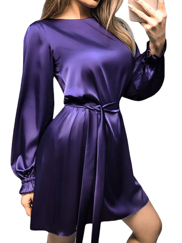 Women  Satin Solid Puff Sleeve Knee Length Back Zipper Drawstring Midi Dresses