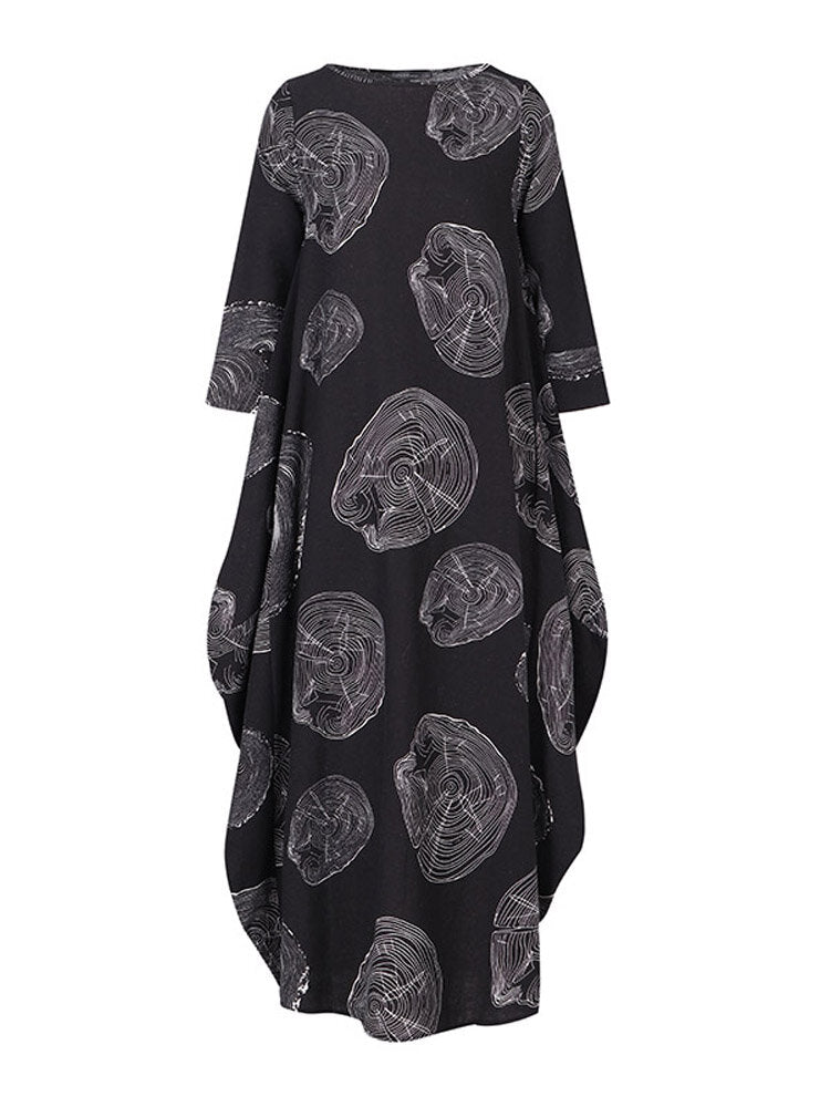 Women Retro Cotton Print 3/4 Sleeve Loose Baggy Casual Maxi Dresses With Pocket