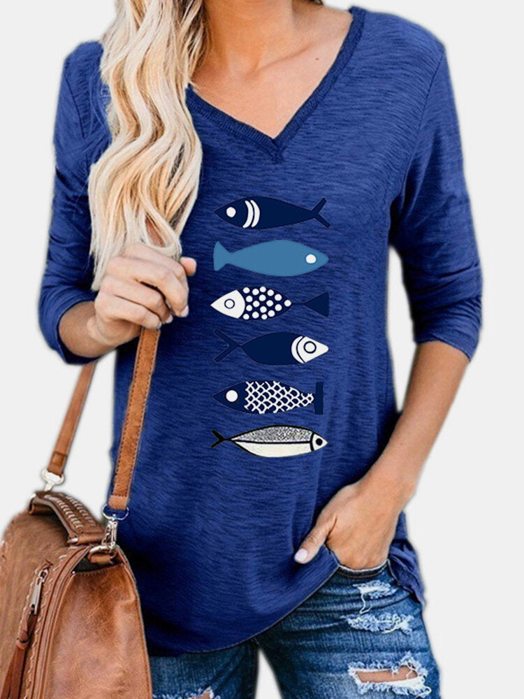 Women Fish Printed V-Neck Long Sleeve Cartoon Blouses