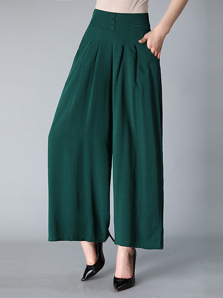 Plus Size High Elastic Waist Button Pleated Casual Wide Leg Pants For Women