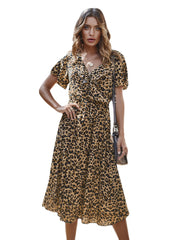 Flouncing Leopard Print Short Sleeve V-neck Casual Dress For Women