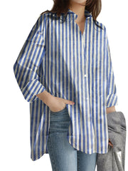 Women Vertical Stripe Print Split Irregular Hem Long Sleeve Casual Shirt With Pocket