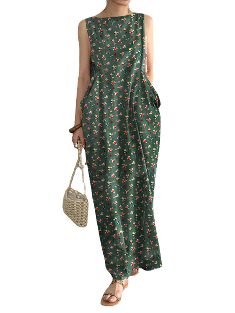 Pocket Ditsy Floral Round Neck Summer Sleeveless Maxi Dress