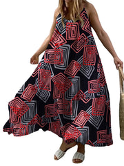 Geometry Print Backless Sleeveless V Neck Spaghetti Maxi Dress