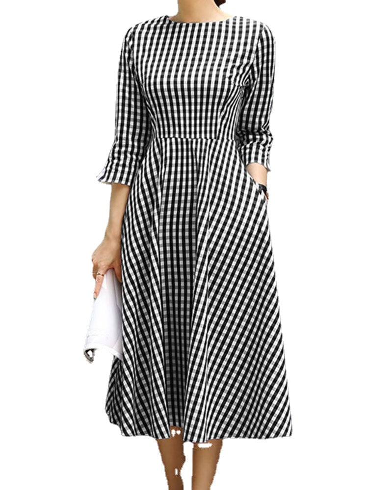 Grid Prited Plaid O-Neck Three Quarter Sleeve Back Zipper Midi Dress For Women