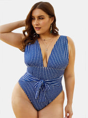 Navy Striped Backless Deep Necklines High Leg Swimwear One Pieces