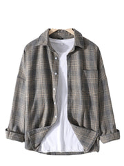 Mens Cotton Plaid Lapel Drop Shoulder Relaxed Fit Overshirt With Pocket
