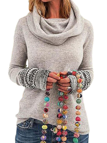 Women Solid Color Heap Collar Long Sleeve Casual Sweatshirt With Cuff Detail