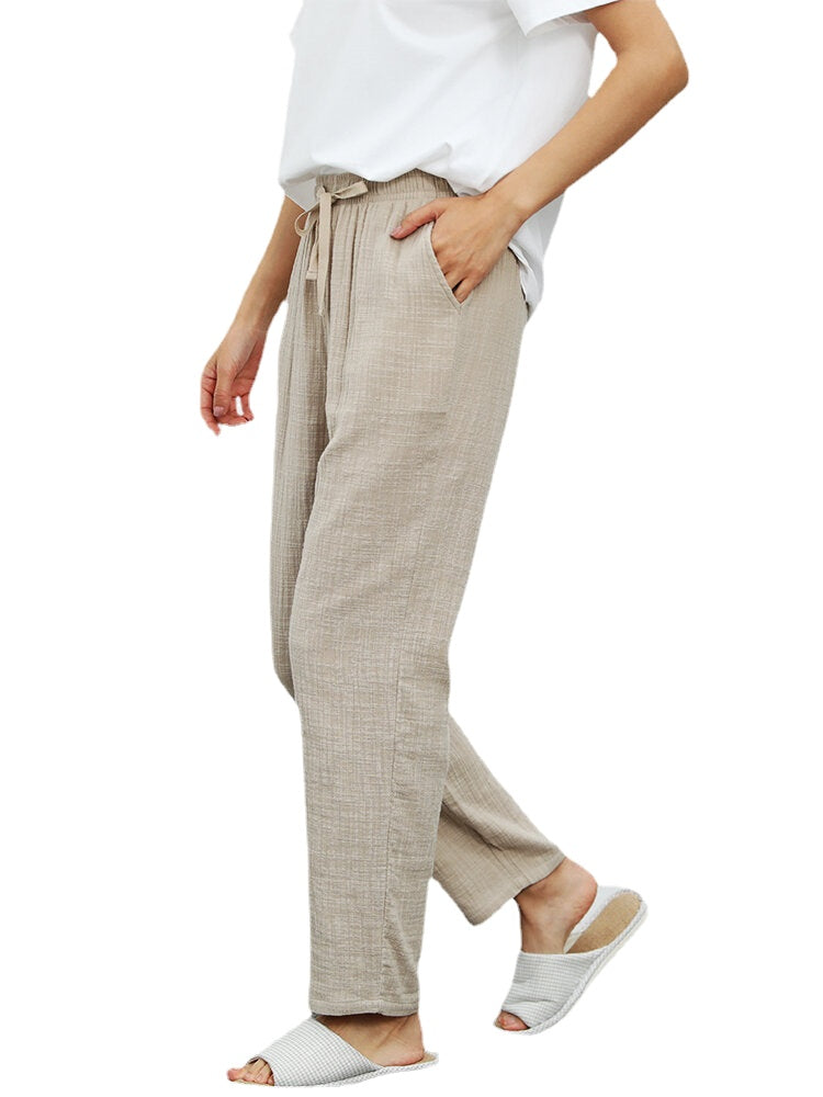 Cotton Women Solid Color Pocket Drawstring Home Casual Pajamas Pants