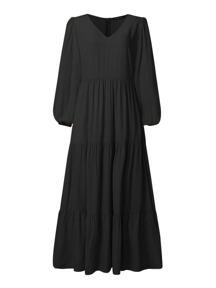 Women Retro Solid Color Back Zipper Puff Sleeve Loose Casual Maxi Dress