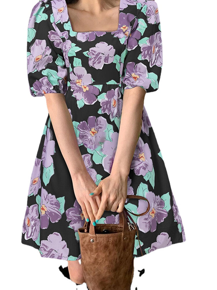 Puff Sleeve Floral Bohemian Retro Style Dress For Women