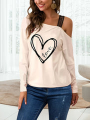 Graphic One Shoulder Long Sleeve Casual Blouse