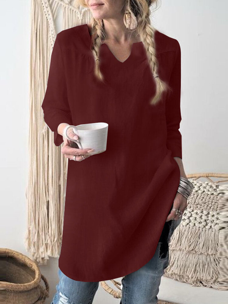 Solid Notch Neck Long Sleeve Blouse For Women