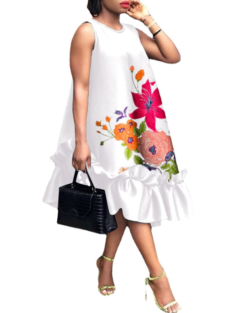100%Polyester Summer Holiday Printing Loose Dress For Women