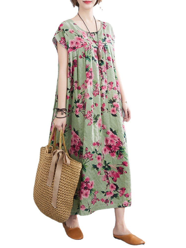 Floral Printed Bohemian Europe Retro Style O-Neck Loose Dress