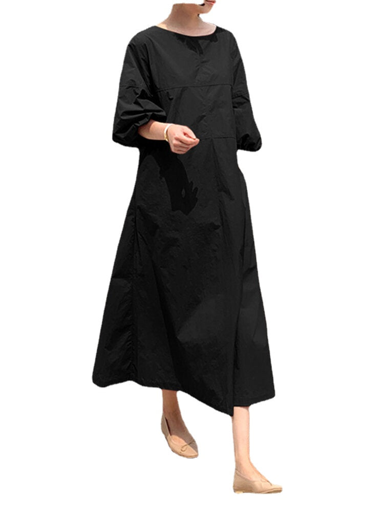 Women Solid Color O-Neck Puff Sleeves Swing Casual Maxi Dress