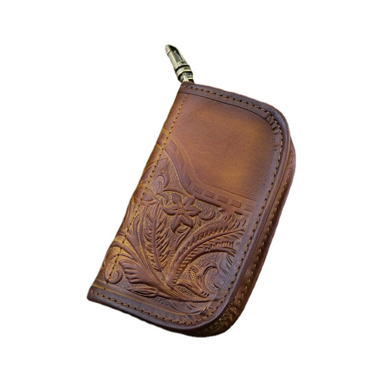 Men Genuine Leather Vintage Printed Car Key Bag Wallet