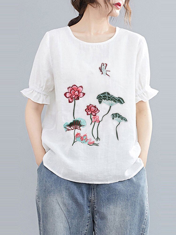 Flower Embroidery Cotton Ruffled Sleeve Round Neck Blouse