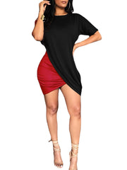Women Round Neck Ruched Irregular Hem Short Sleeve Casual Mini Dresses