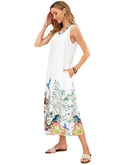 Sleeveless Plants Bird Print Casual Dress for Women