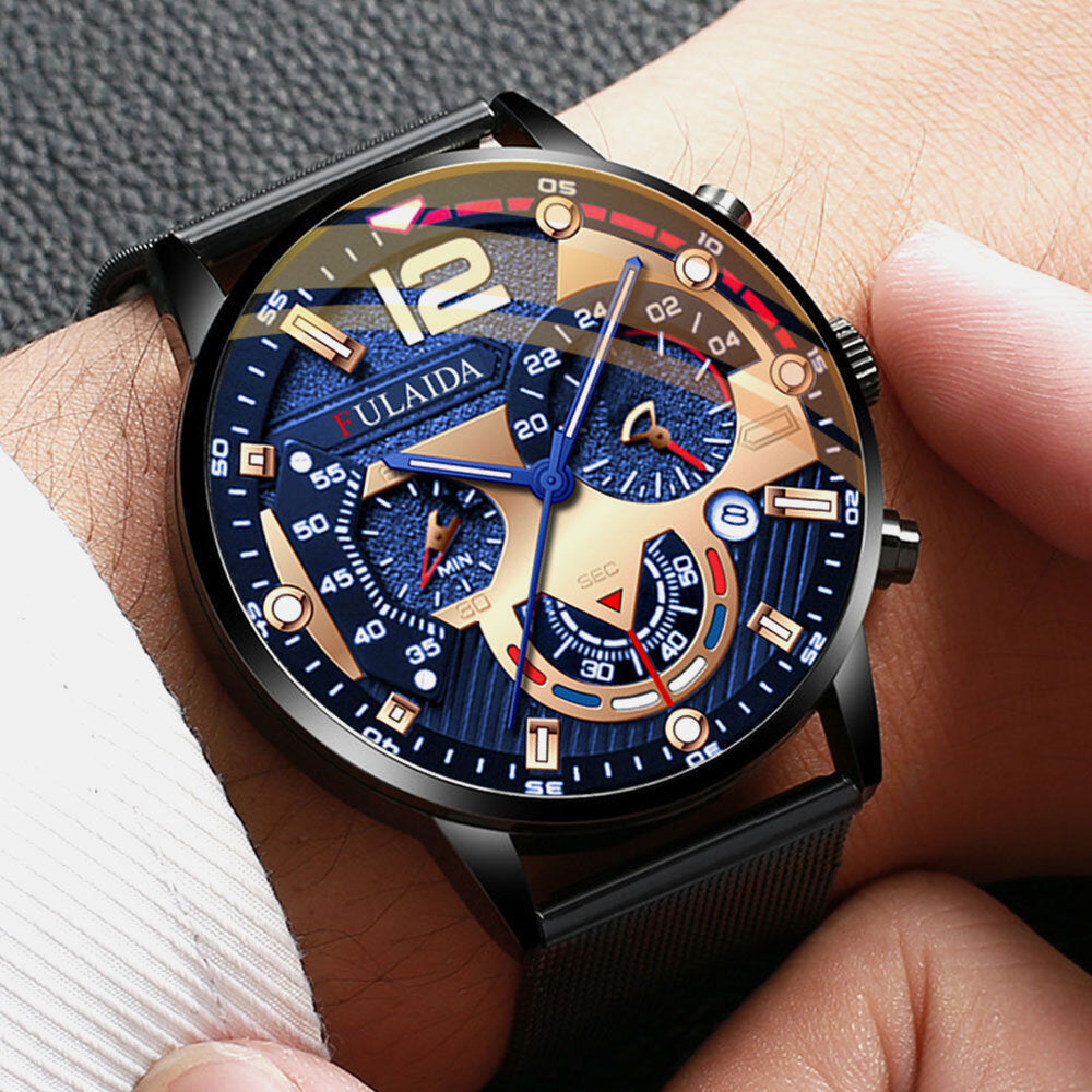 7 Colors Stainless Steel Business Casual Mesh Strap Luminous Hand Calendar Quartz Watch