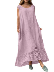 Lace Patchwork Pocket Round Neck Sleeveless Maxi Dress