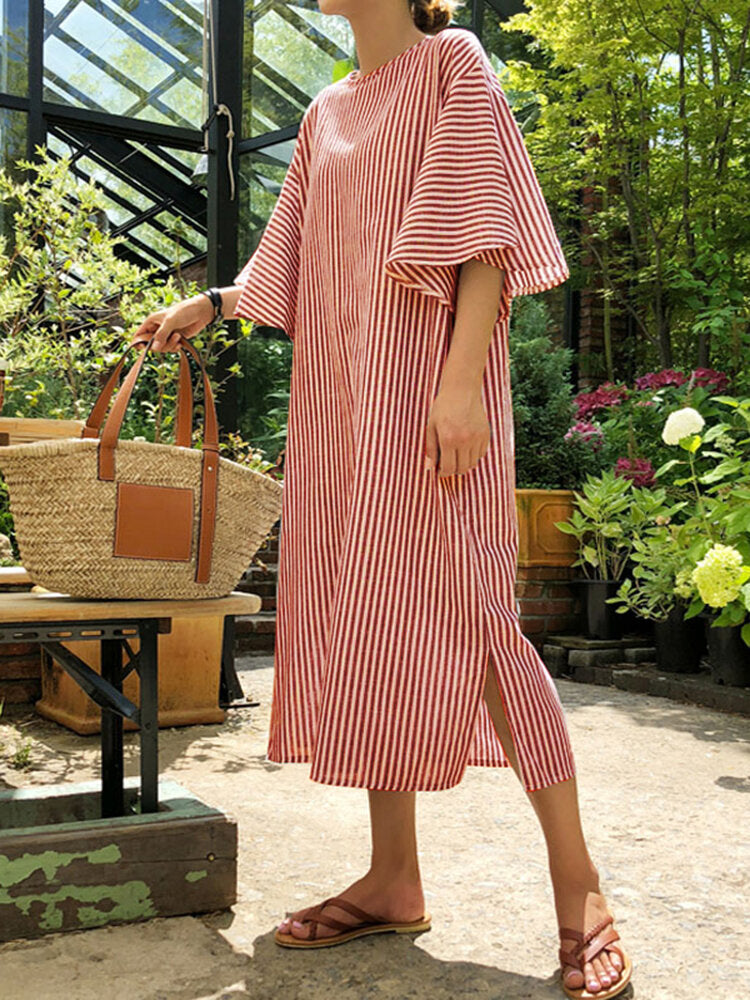 Side Fork Puff Sleeve Striped Loose Dress For Women