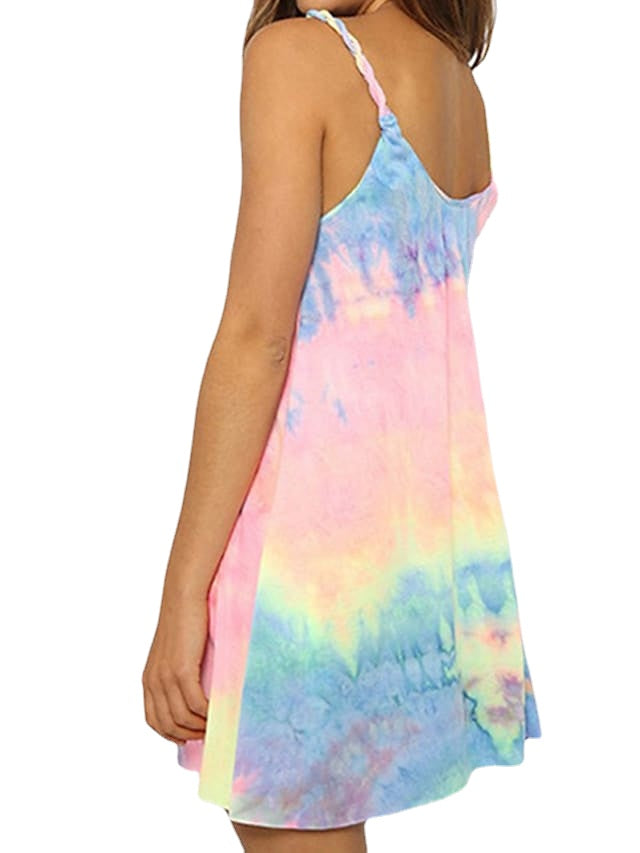 Women's Rainbow Sleeveless Tie Dye Backless Spaghetti Strap Stylish Dress