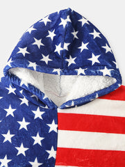 Women American Flag Graphics Fleece Lined Blanket Hoodie Cozy Thicken Warm Robe With Pocket