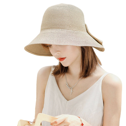 Women Foldable Rear Split Design Bow Straw Hat Adjustable Breathable Summer Casual Wild Sunshade Bucket Hat