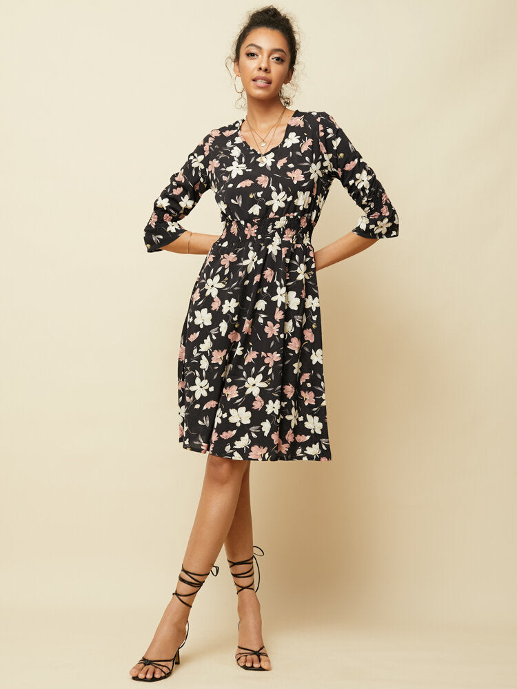 Long Sleeved V-neck Floral Print Chiffon Mini Dress