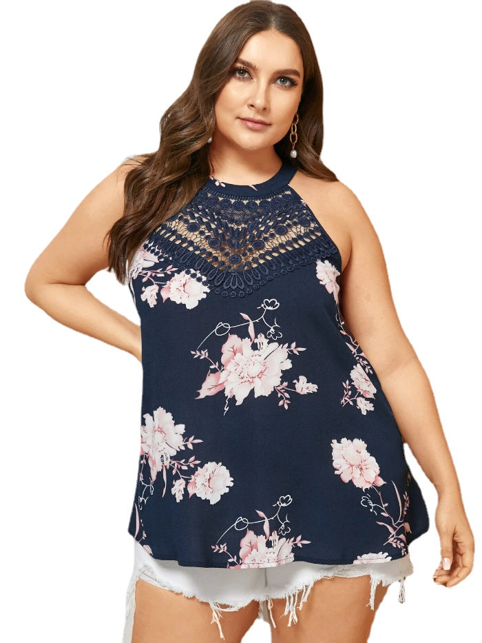 Plus Size Backless Design Floral Print Halter Sleeveless Tank Top