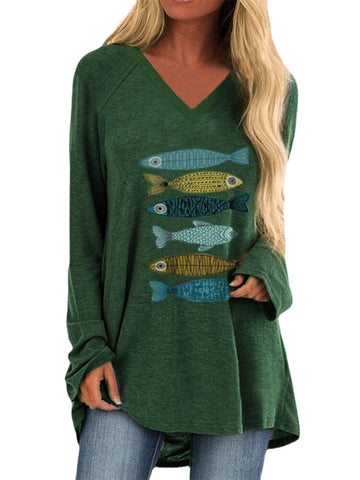 Fish Graphic Long Sleeve V-neck Casual Loose T-shirt